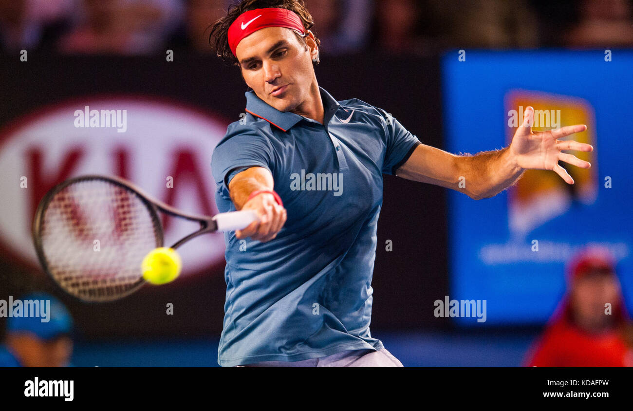 Roger Federer (SUI) faced J.W. Tsonga (FRA) in the fourth round of the 2014 Australian Open Men's Singles. Billed as a grudge match, Federer easily mo Stock Photo