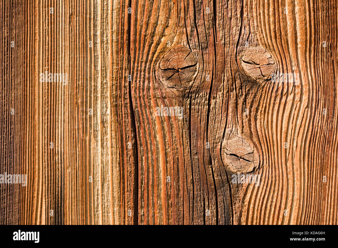 Fragment of an old wooden board with knots. Background. Stock Photo