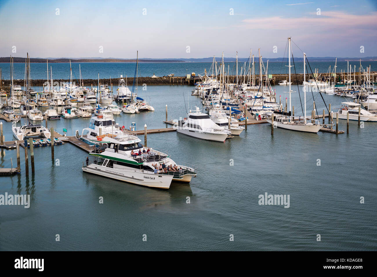 A whale watching tourism boat leaves its mooring at the Hervey Bay Marina, Queensland, Australia Stock Photo