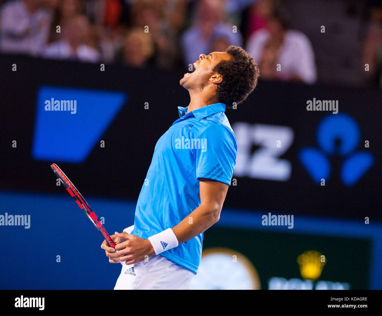 Jo-Wilifried Tsonga faced R. Federer (SUI) the fourth round of the 2014 Australian Open Men's Singles. Billed as a grudge match between rivals, Federe Stock Photo