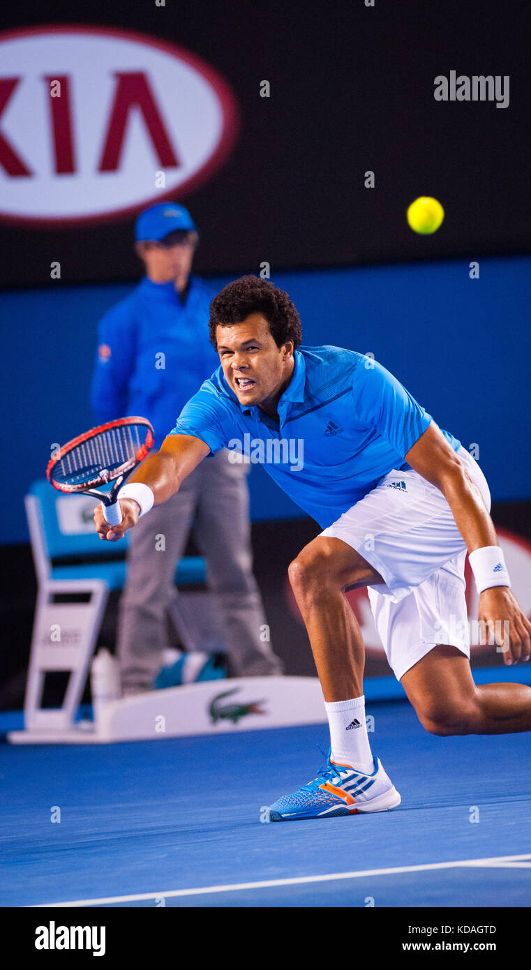 Jo-Wilifried Tsonga faced R. Federer (SUI) the fourth round of the 2014 Australian Open Men's Singles. Billed as a grudge match between rivals, Federe Stock Photo