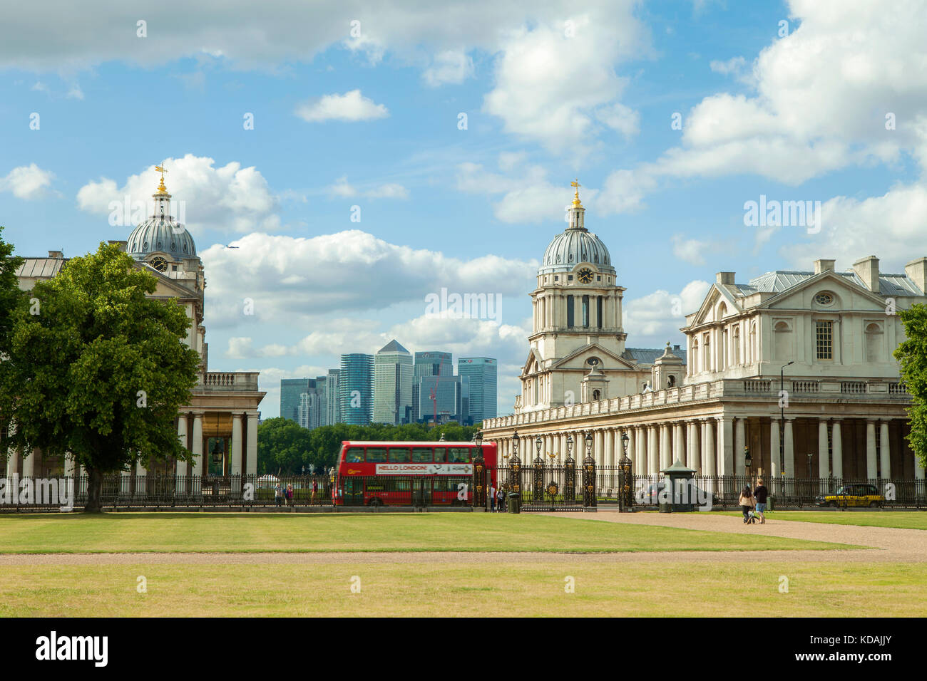Greenwich naval college with red london bus. View from the park of Old London and new London Stock Photo