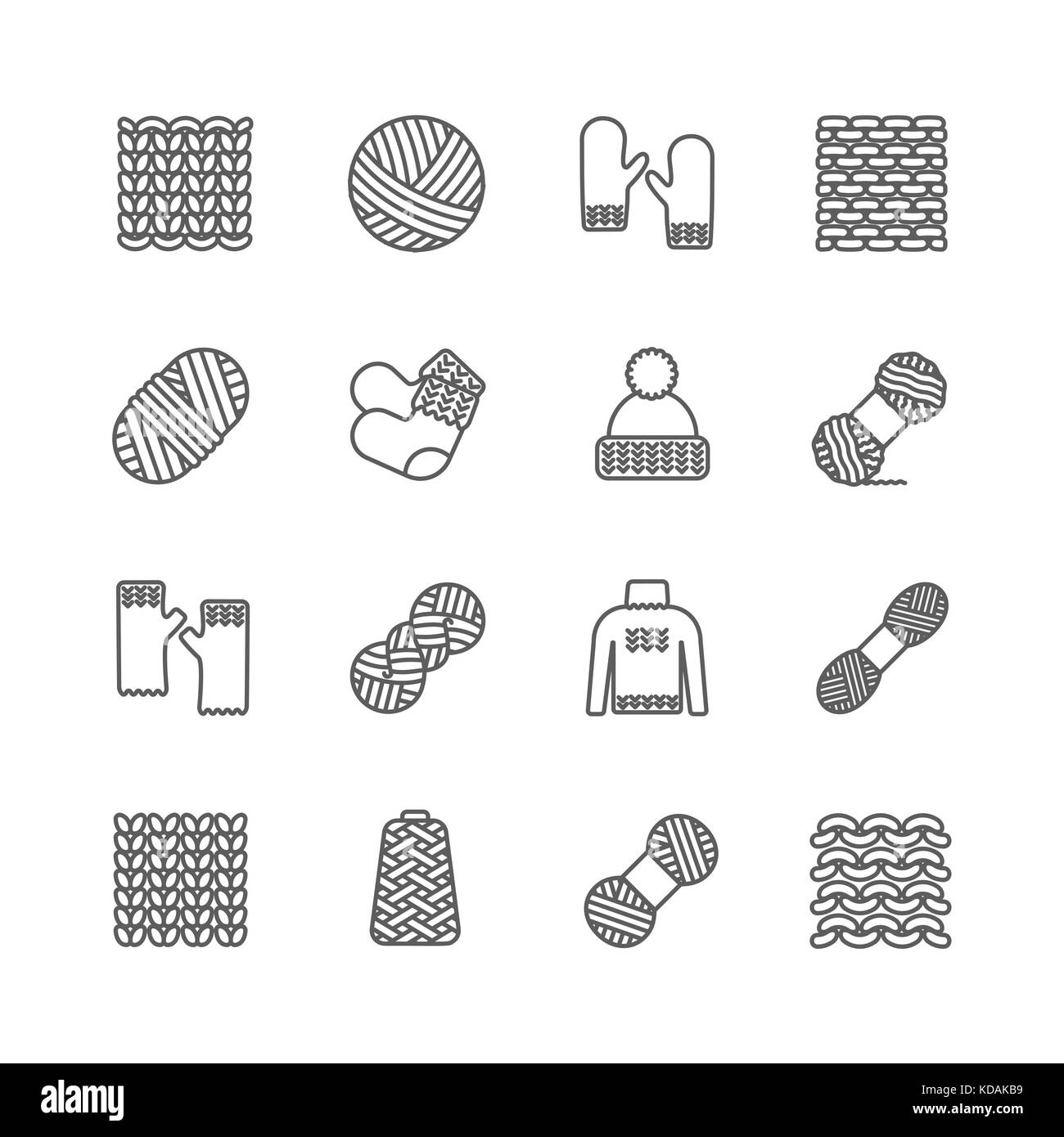 Knit icon set. Yarn, knittind clothes, knitted samples thin line sign. Hat, mittens, socks, sweater and other hand-knitted garments Stock Vector