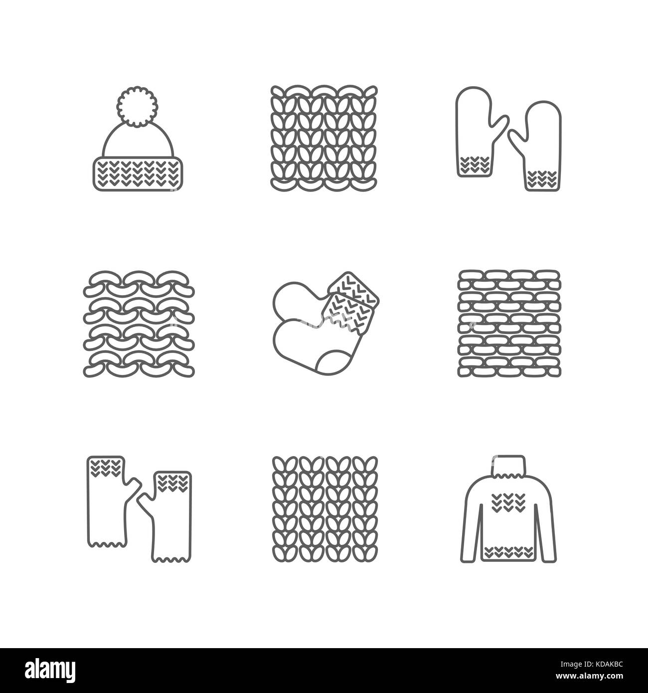 Knittind clothes, knitted samples thin line icons. Hat, mittens, socks, sweater and other hand-knitted garments. Knit vector set Stock Vector