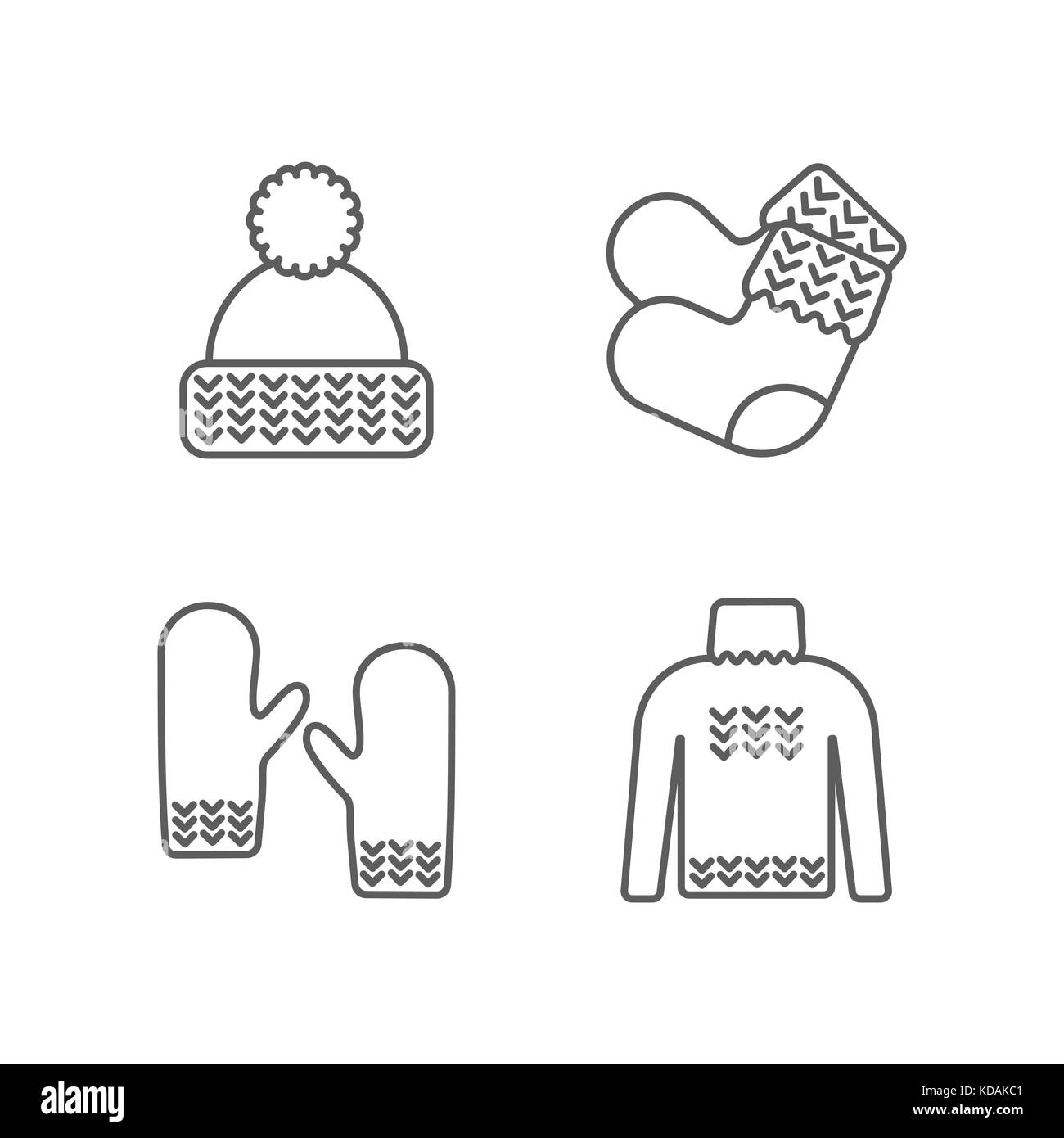 Knit icon set. Knitting clothes, knitted samples thin line sign. Hat, mittens, socks, sweater and other hand-knitted garments Stock Vector