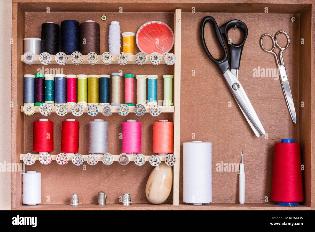 Sewing tools and sewing kit in a wooden box Stock Photo Alamy