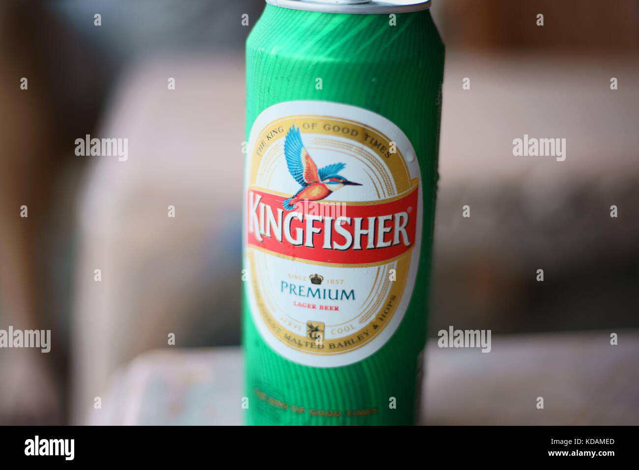 JAMPORE BEACH, DAMAN, INDIA - OCTOBER 9, 2017: A macro shot of a can of a cold Kingfisher brand beer being sold at the JAMPORE BEACH, DAMAN, INDIA. Stock Photo