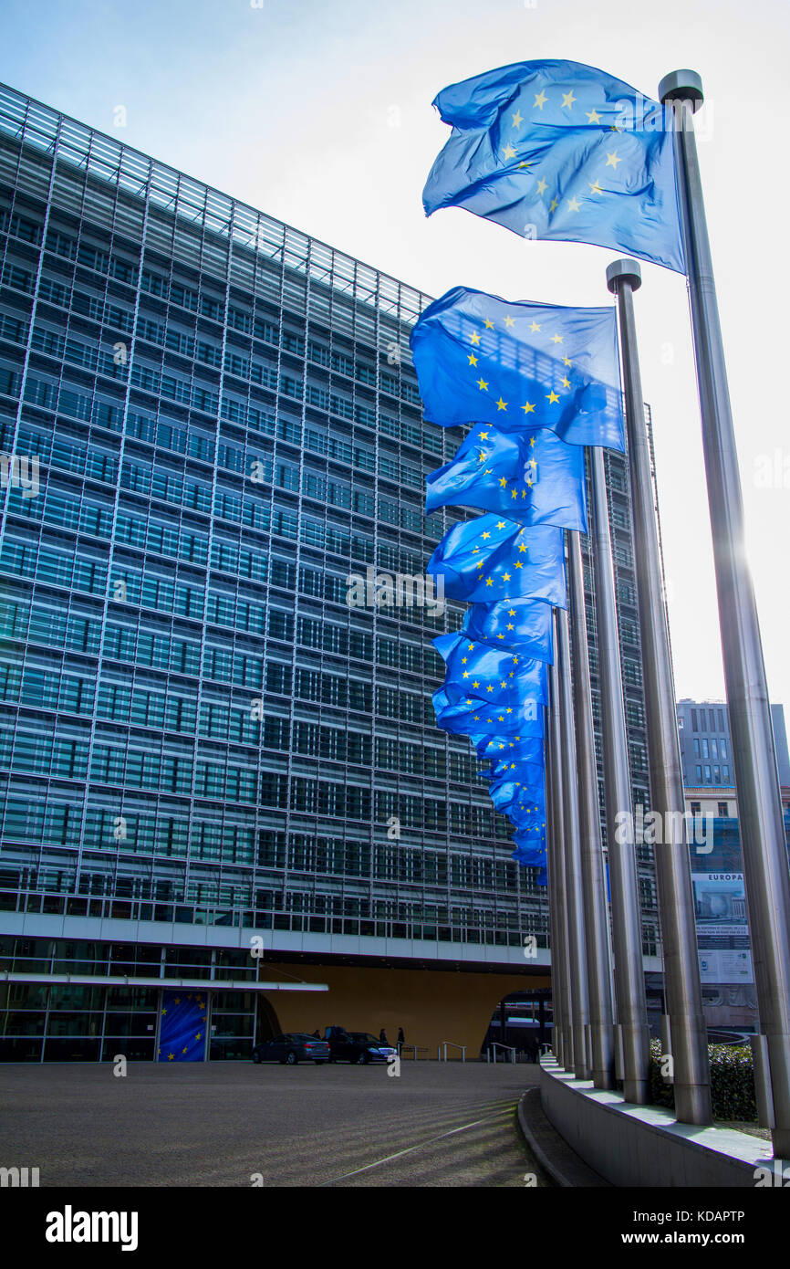 European flags in front of the Berlaymont building Stock Photo