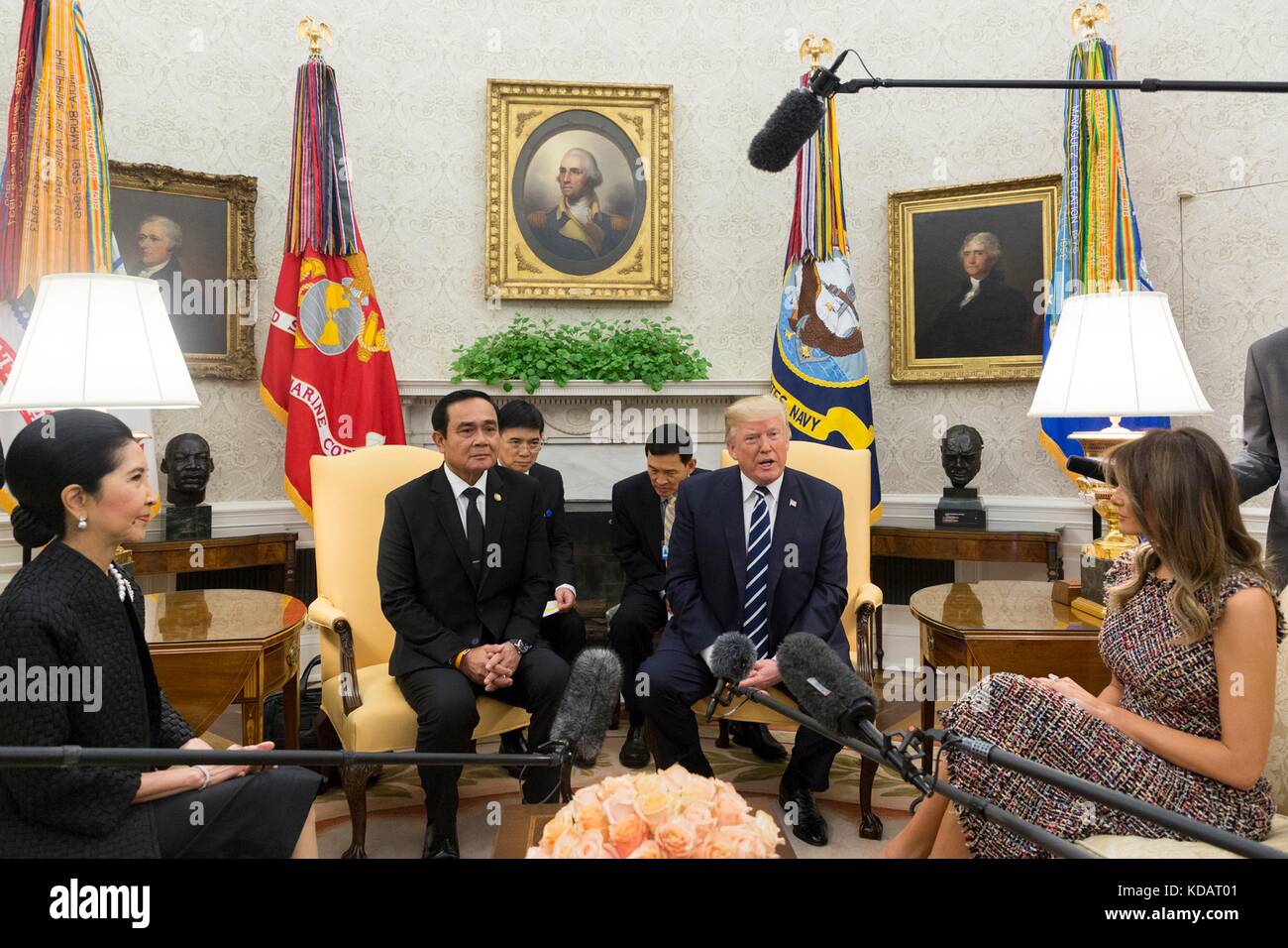 U.S. President Donald Trump and First Lady Melania Trump during a meeting with Thai Prime Minister Pryut Chan-o-Cha and his wife Naraporn Chan-o-Cha in the Oval Office of the White House October 2, 2017 in Washington, DC. Stock Photo