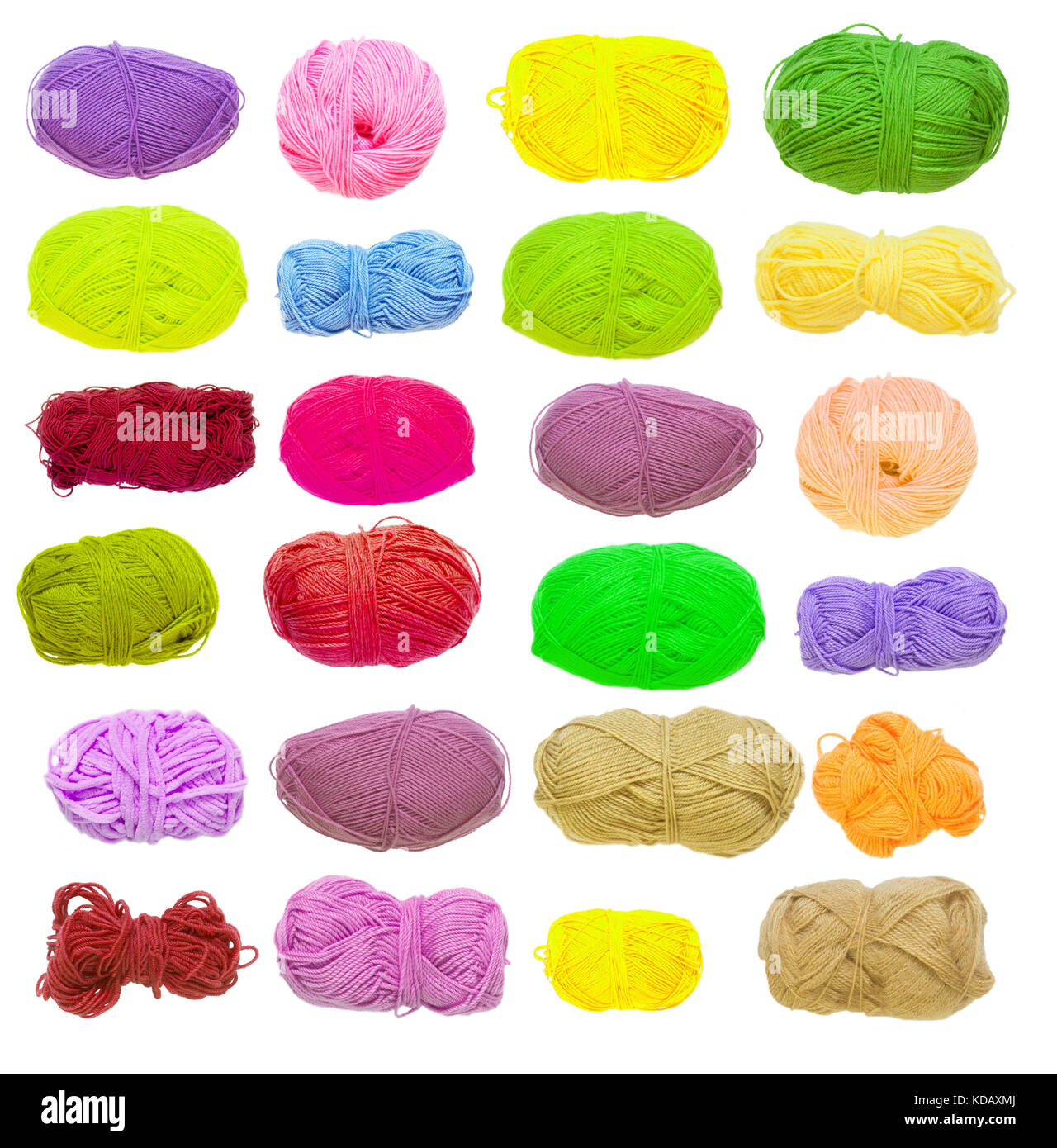 Colored balls of yarn. View from above. Rainbow colors. Yarn for knitting. White background