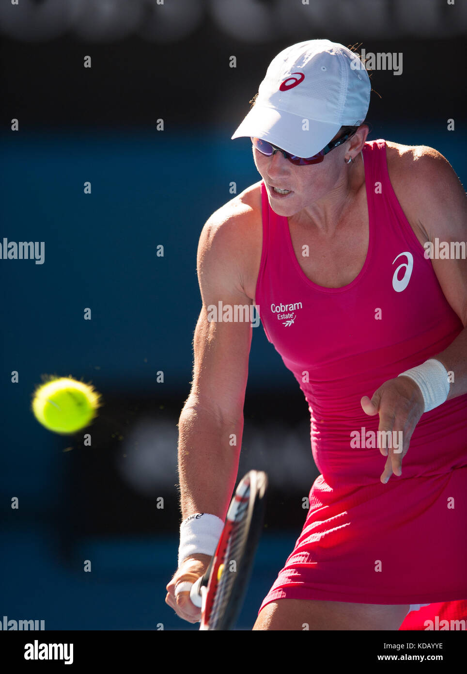 Australian Samantha Strosur in Day 1 Australian Open play. Stosur beat Klara Zakopalova (CZE) 6-3, 6-4 in first round play of the 2014 Australian Open Stock Photo