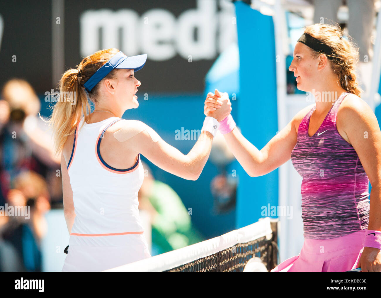 Angnieszka Radwanska of Poland took on defending Australian Open champion, Victoria Azarenka of Belarus in the Australian Open Stock Photo