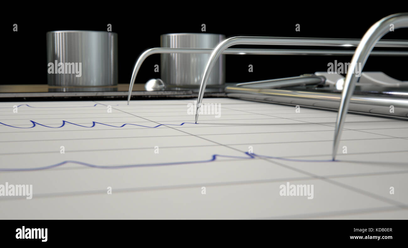 A closeup of lie detector machine needles drawing blue lines on graph paper depicting an interrogation - 3D render Stock Photo
