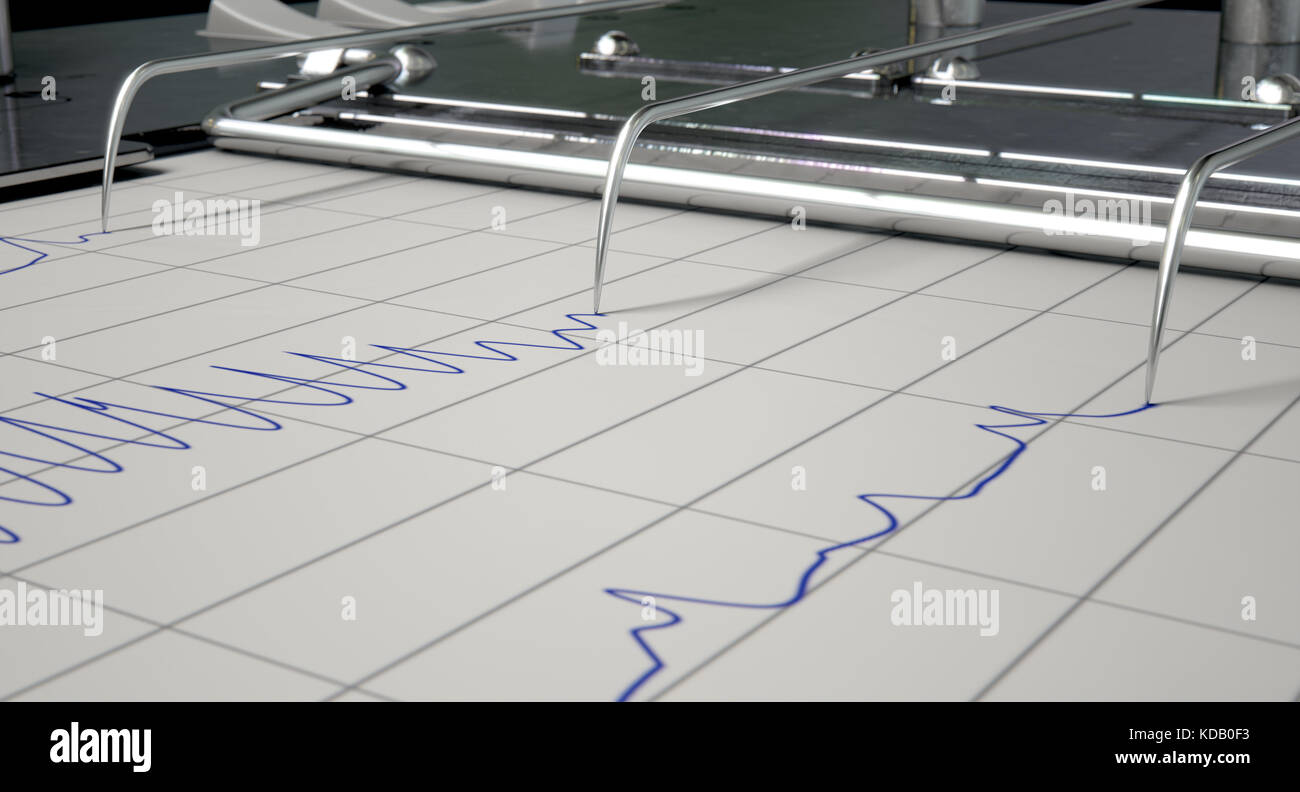 A closeup of lie detector machine needles drawing blue lines on graph paper depicting an interrogation - 3D render Stock Photo