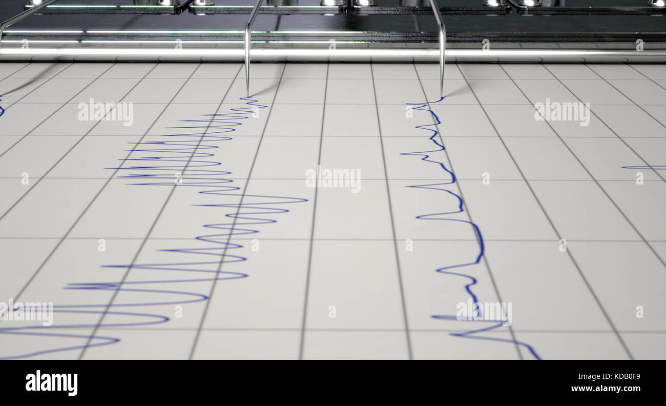 A closeup of lie detector machine needles drawing blue lines on graph paper depicting an interrogation - 3D render Stock Photo