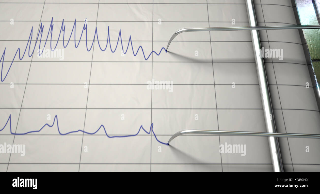 A closeup of lie detector machine needles drawing blue lines on graph paper depicting an interrogation - 3D render Stock Photo