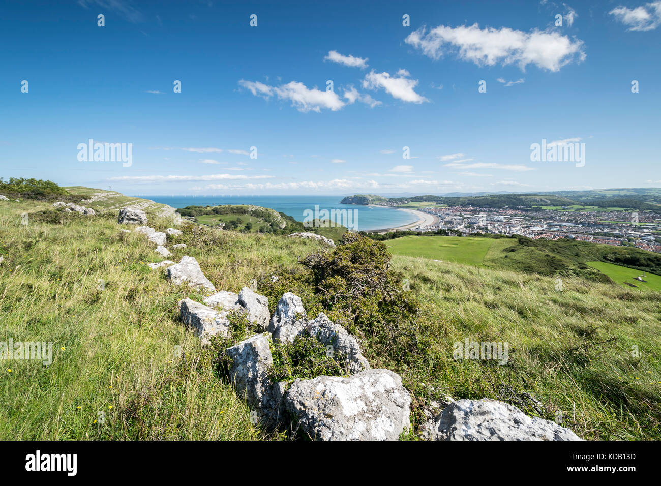 Great Ormes Head  view to Llandudno bay from Maes y facrell with Little Orme in the distance Stock Photo