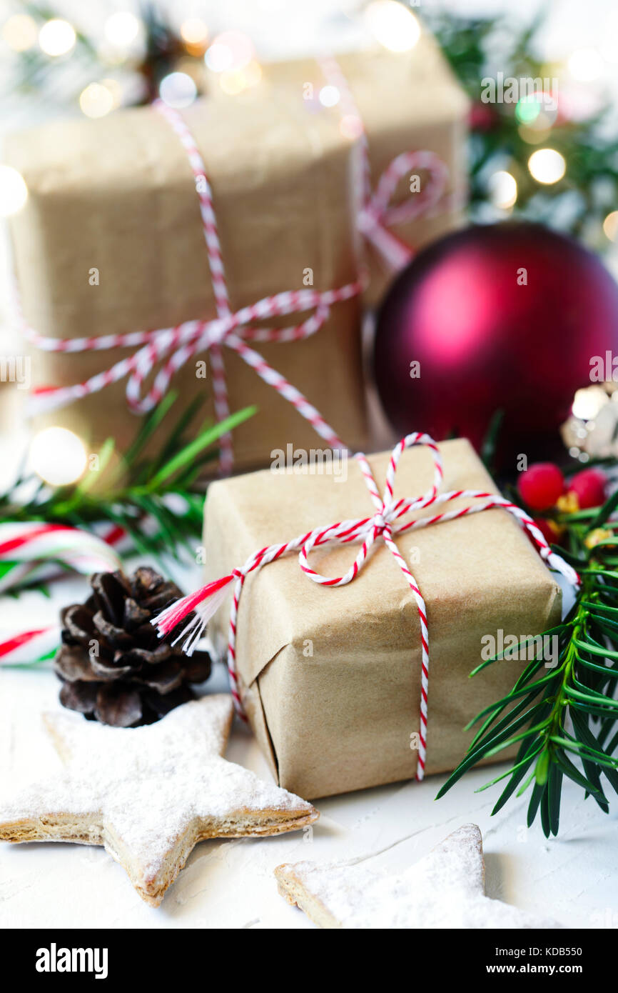 Christmas gift boxes and festive decor Stock Photo - Alamy