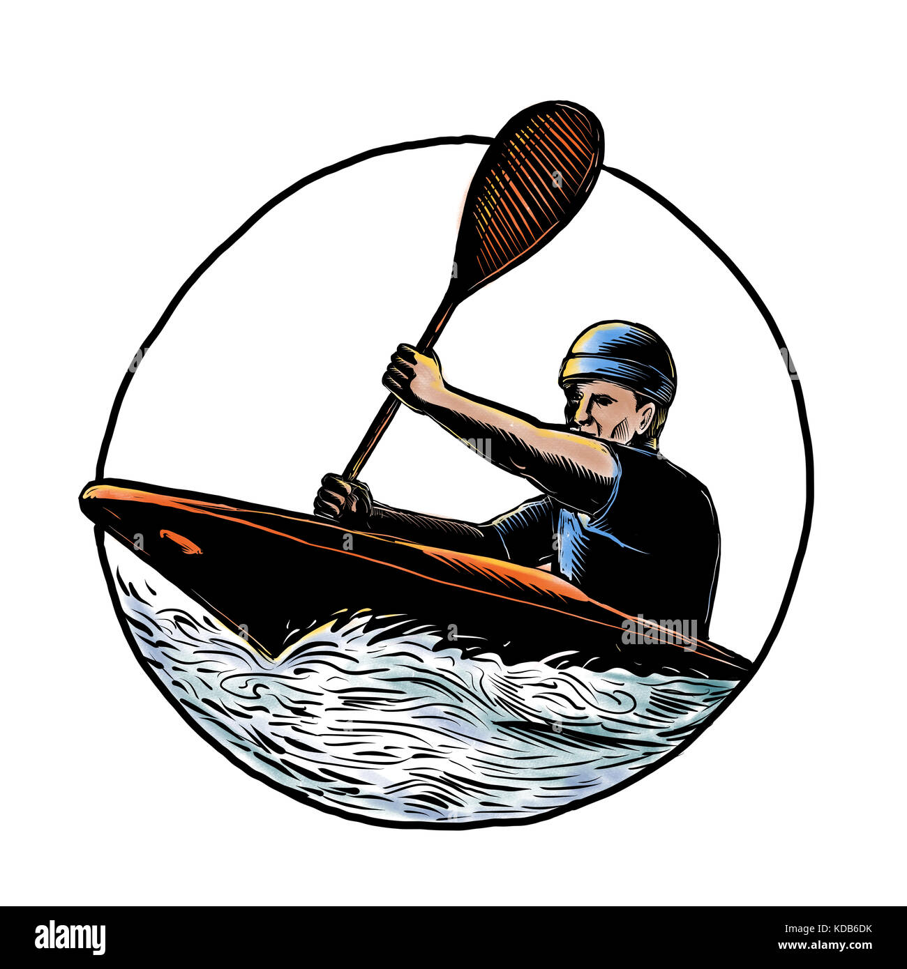 Scratchboard style illustration of kayak paddler with paddle paddling a