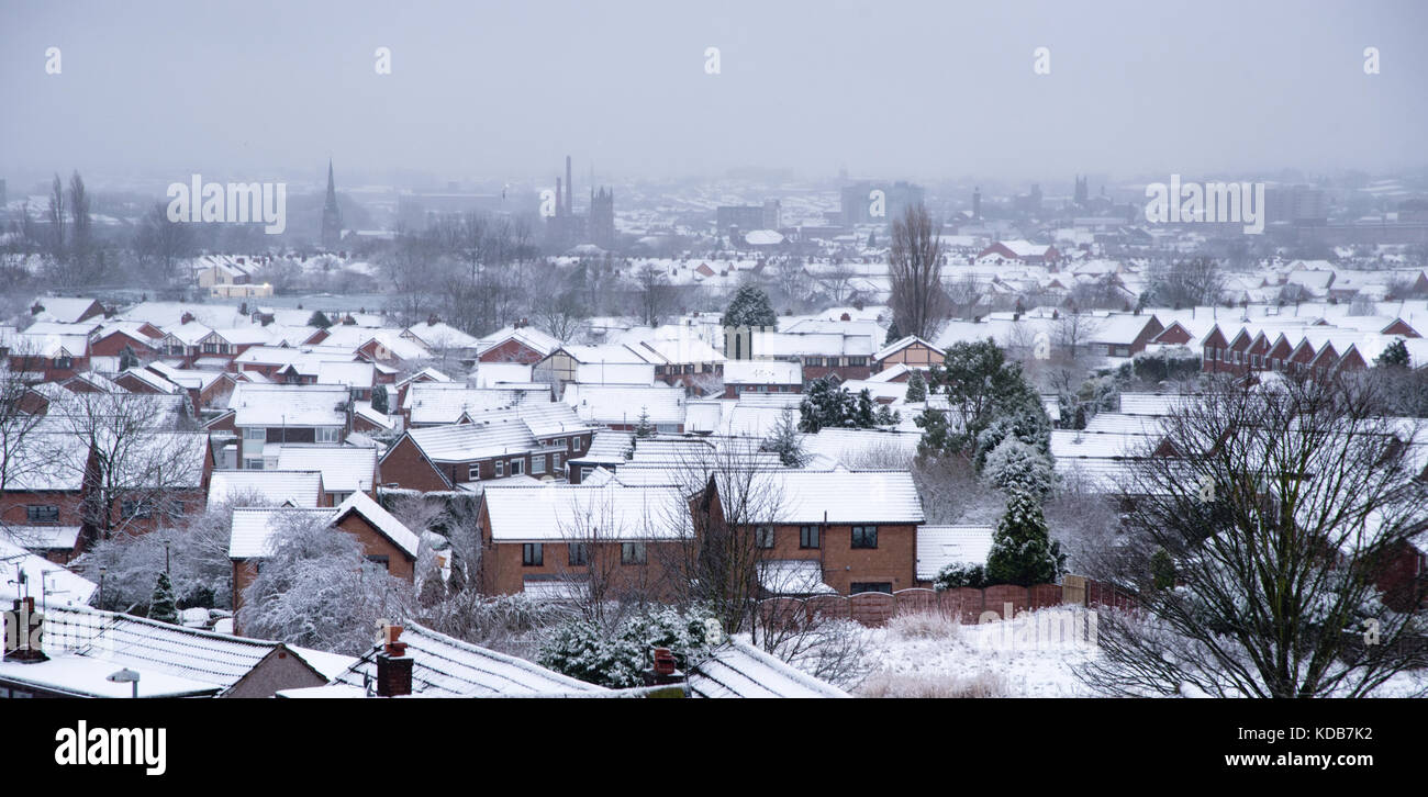 Houses rooftop covered by snow in Ashton, Greater Manchester, UK Stock Photo