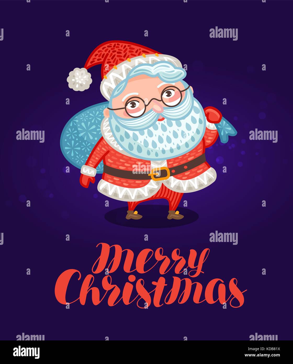 Merry Christmas, greeting card or xmas banner. Happy Santa Claus with big bag full of gifts. Vector illustration Stock Vector