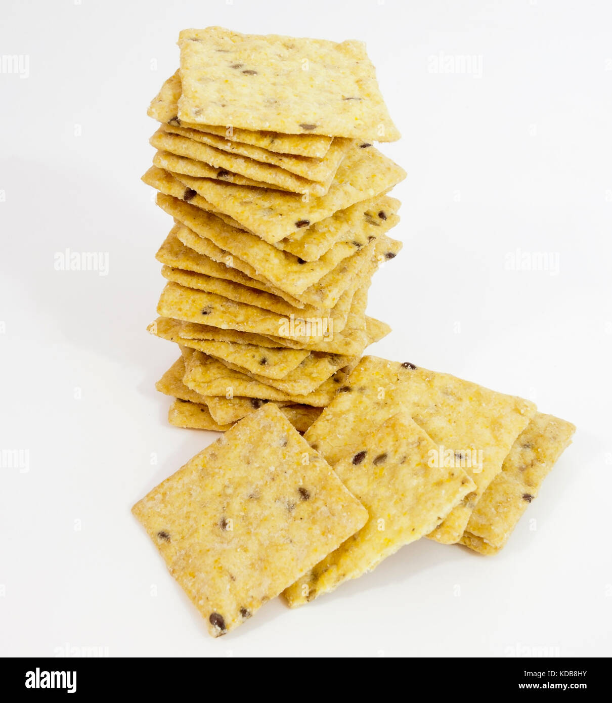 Tall stack of wheat crackers. Vertical. Stock Photo
