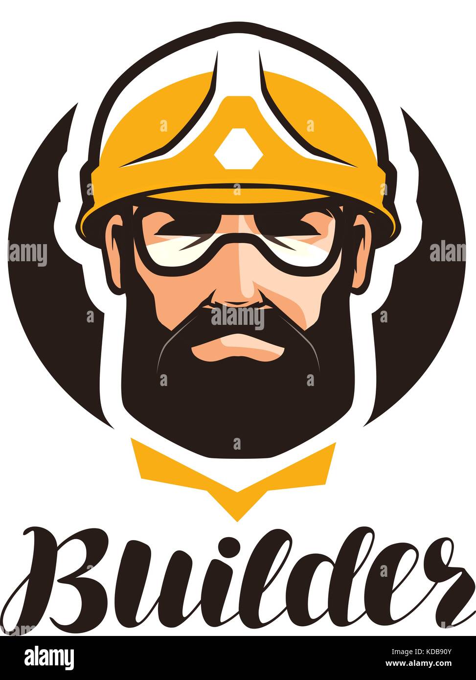 Builder, constructor logo. Industry, support, service, repair, overhaul icon or symbol. Portrait of worker in helmet Stock Vector