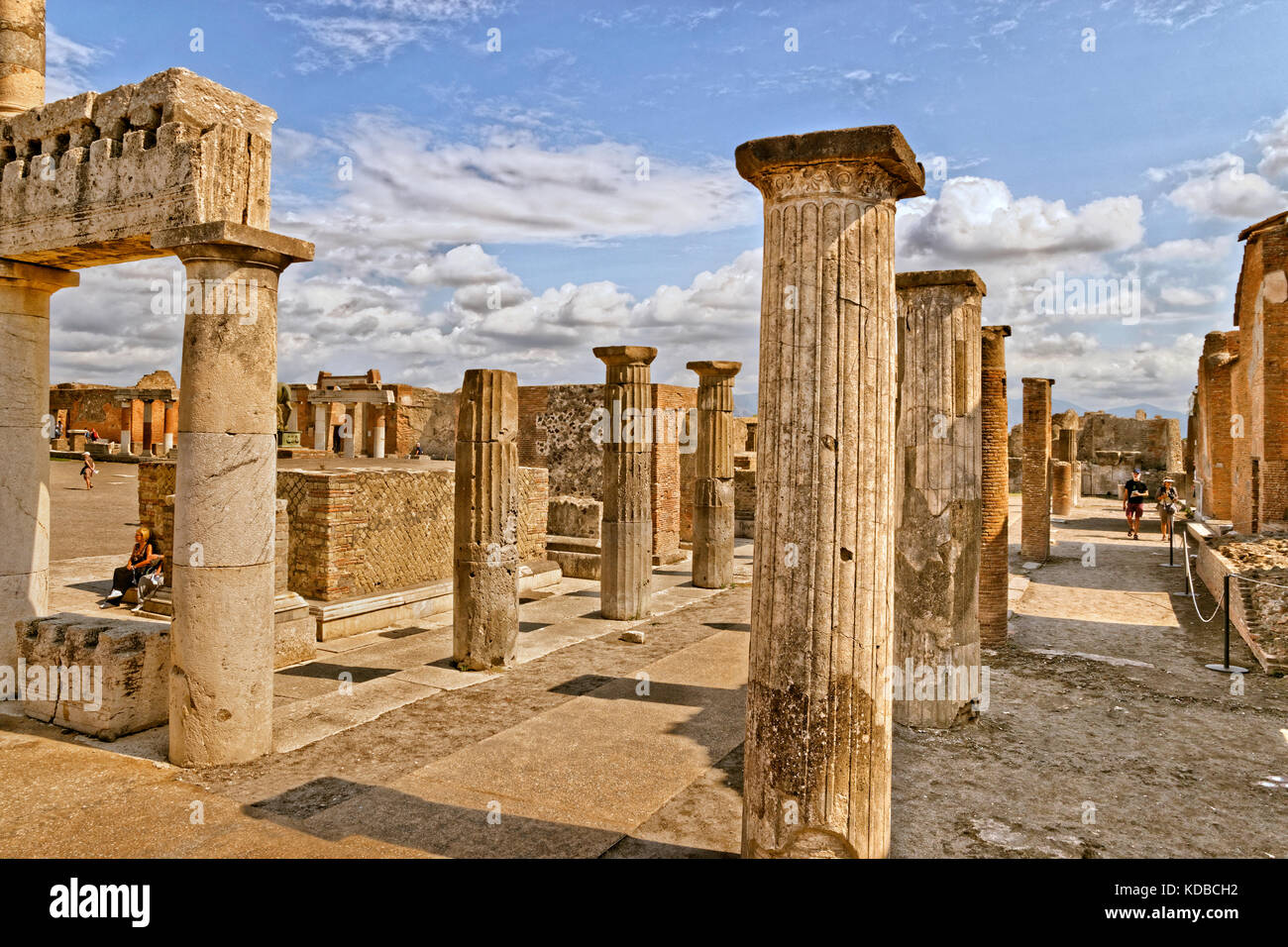 Columns at the Forum area in the ruined Roman city of Pompeii at Pompei Scavi near Naples, Stock Photo