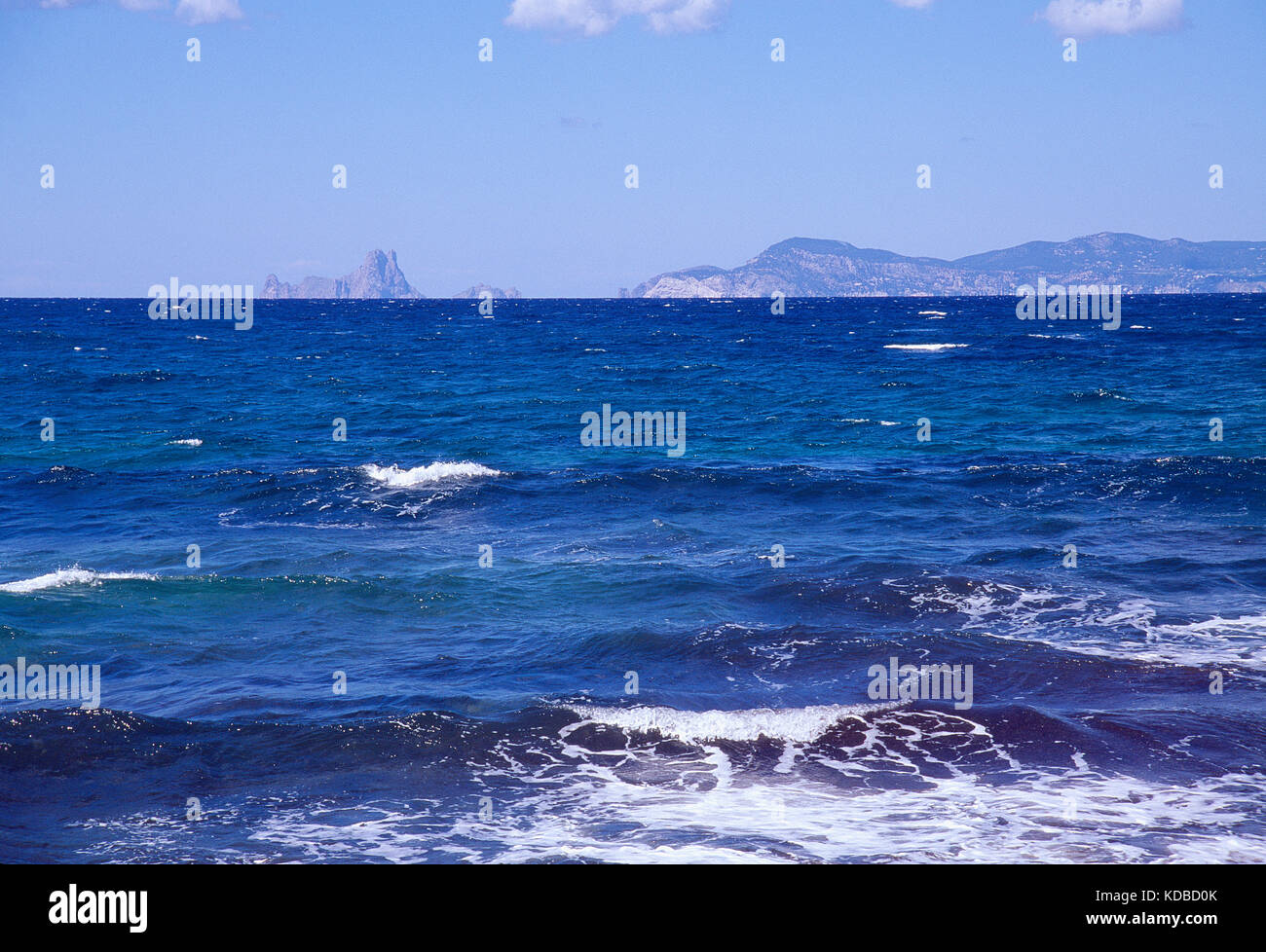 Mediterranean sea and Ibiza island, view from Formentera island. Balearic Islands, Spain. Stock Photo