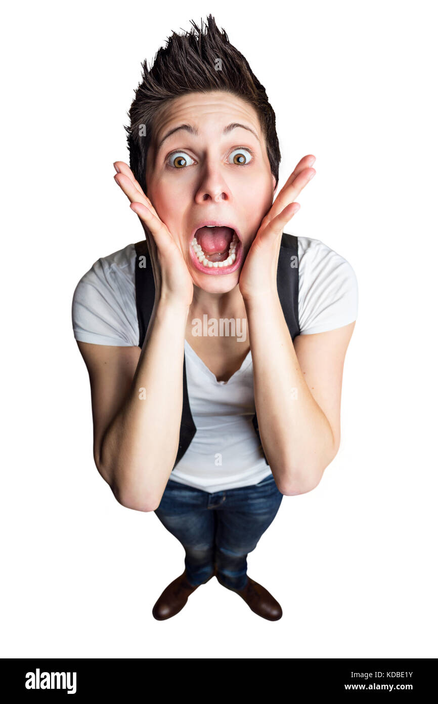 Woman with wide open eyes and mouth Stock Photo