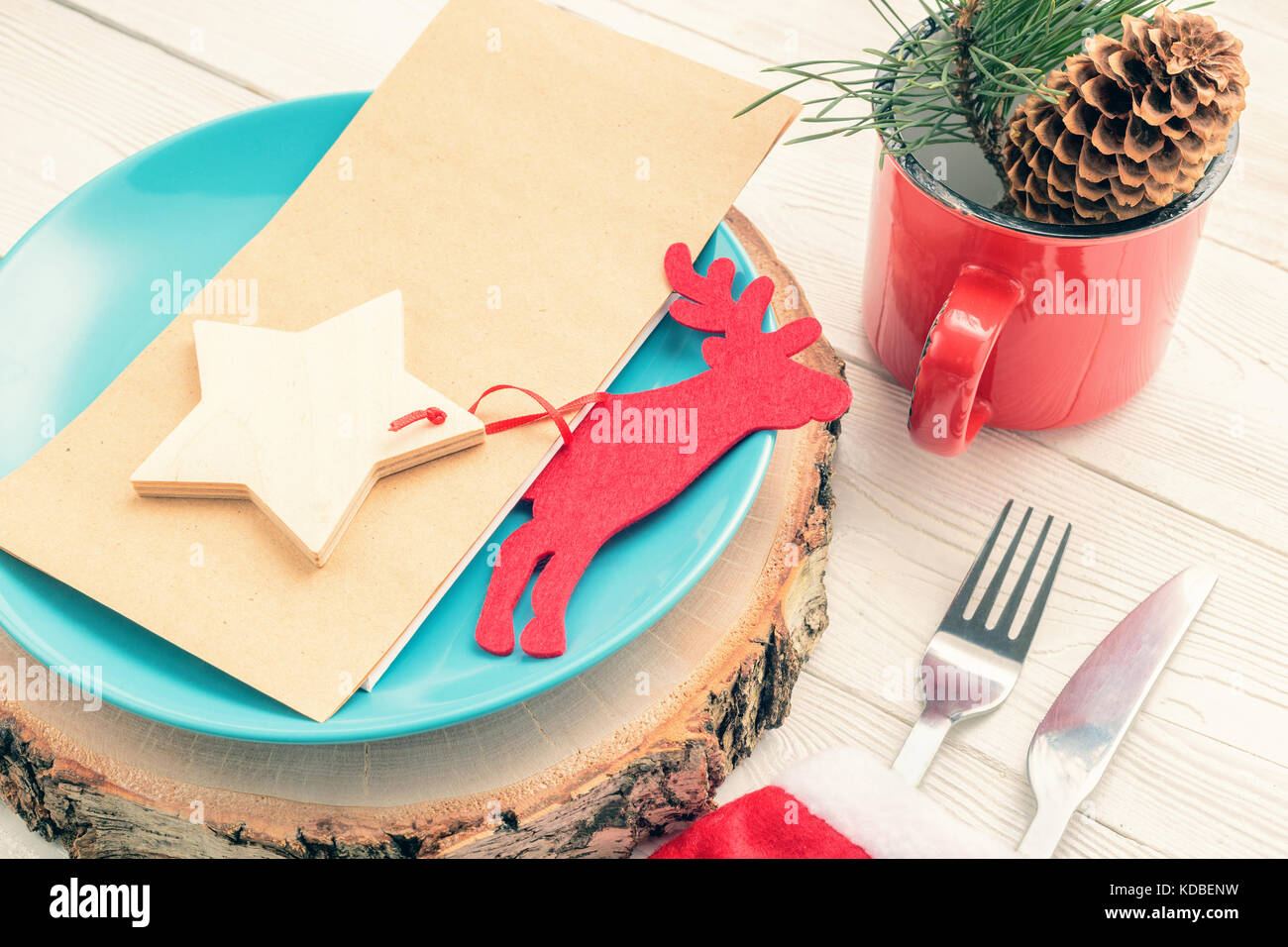 Closeup of Christmas dinner setting. Christmas dinner preparation Stock