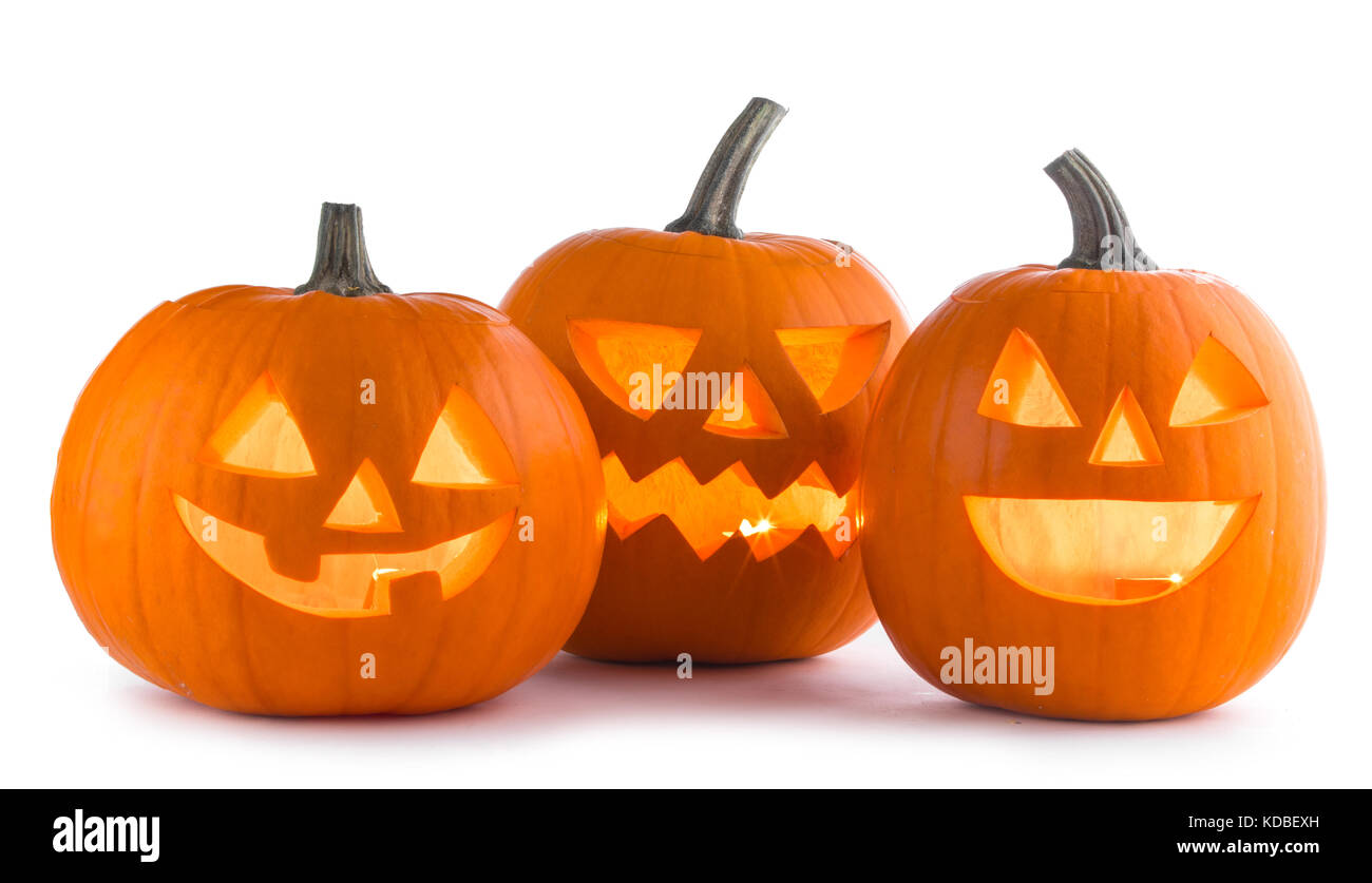 Three Halloween Pumpkins isolated on white background Stock Photo - Alamy