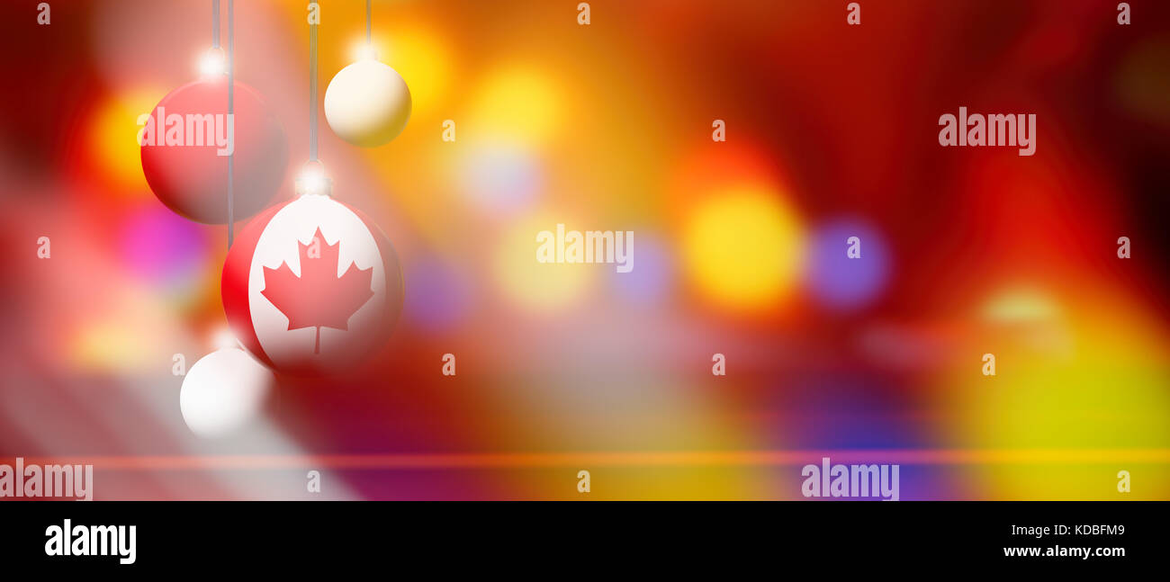 Canada flag on Xmas ball. Christmas background corner design element featuring white bubbles. Blurred and abstract. Stock Photo