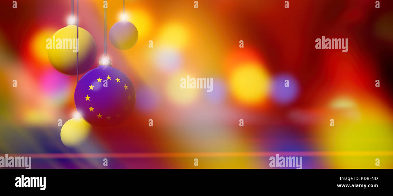 EU flag on Xmas ball. Christmas background corner design element featuring white bubbles. Blurred and abstract. Stock Photo