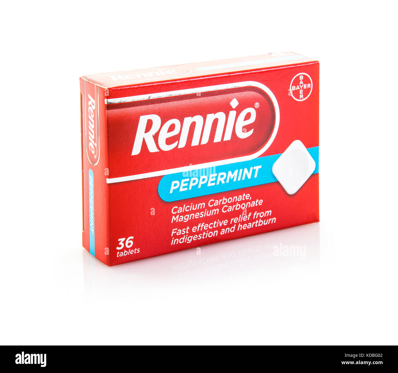 SWINDON, UK - OCTOBER 12, 2017: Packet of Peppermint Rennie Indigestion and Heartburn tablets on a white background Stock Photo