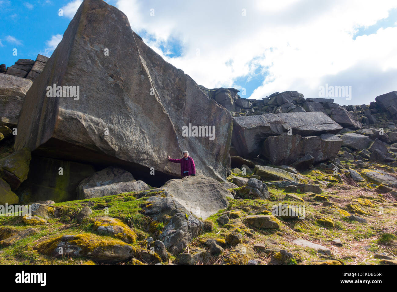 Stanage Edge, Derbyshire, Peak District, England. Gritstone escarpment popular with climbers and walkers Stock Photo