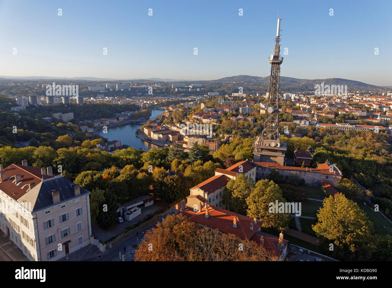 LYON, FRANCE, October 11, 2017 : Saone river and west districts of the city from the roofs of Basilica of Fourviere. Stock Photo