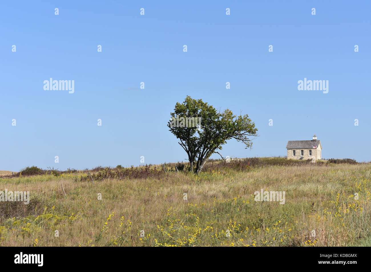 One Room Schoolhouse - Fox Creek School, Tall Grass Prairie, Flint Hills Region, Strong City, Kansas USA Stock Photo