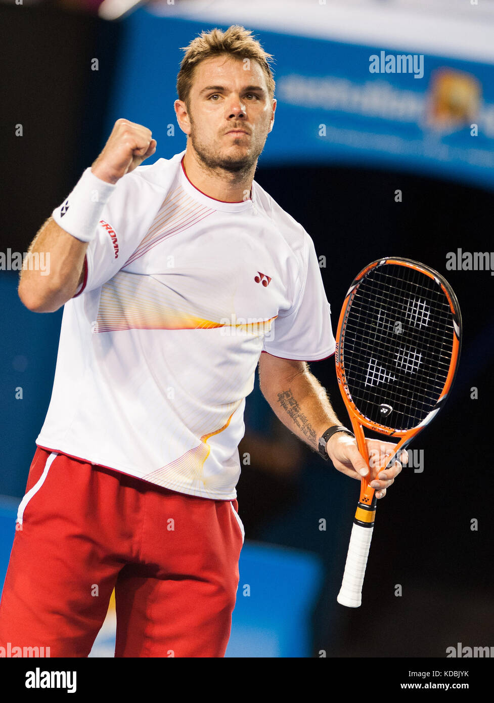 Stan Wawrinka in action against N Djokovic at the Australian Open Stock Photo