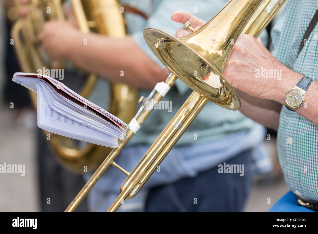 Asti, Italy - September 10, 2017: detail of the musician playing the trombone Stock Photo