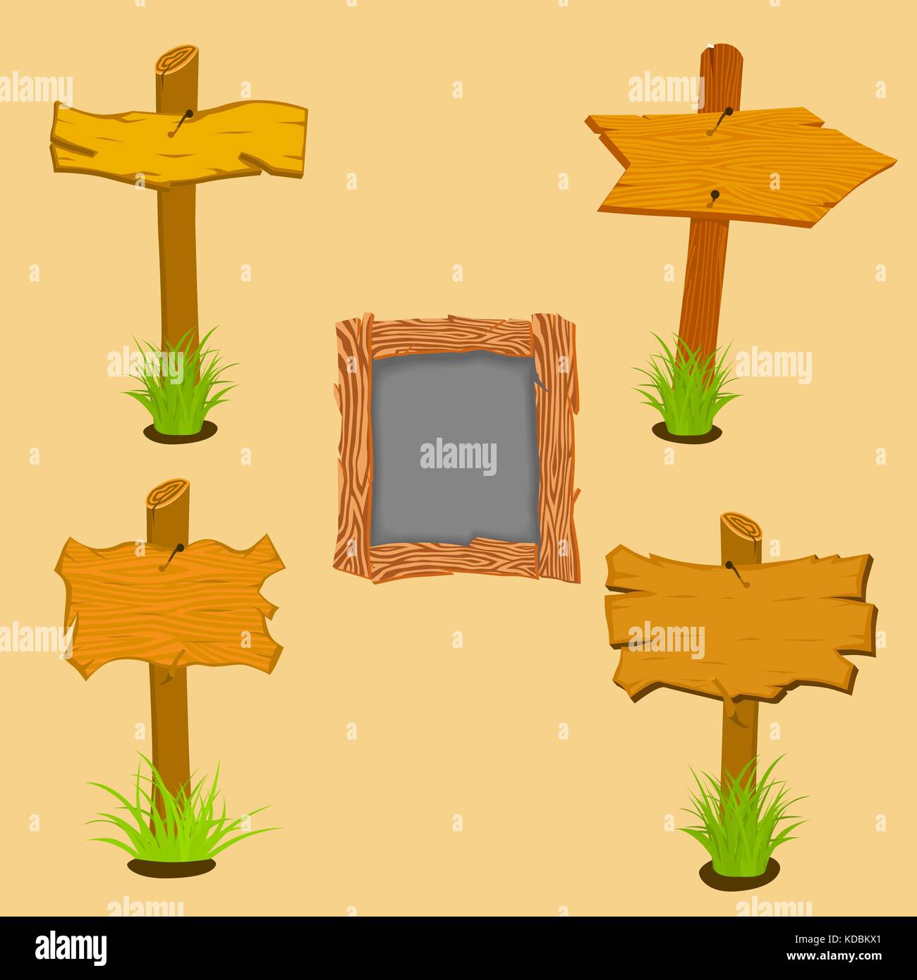 Set of Wooden sign boards on a grass. Vector Illustration isolated ...