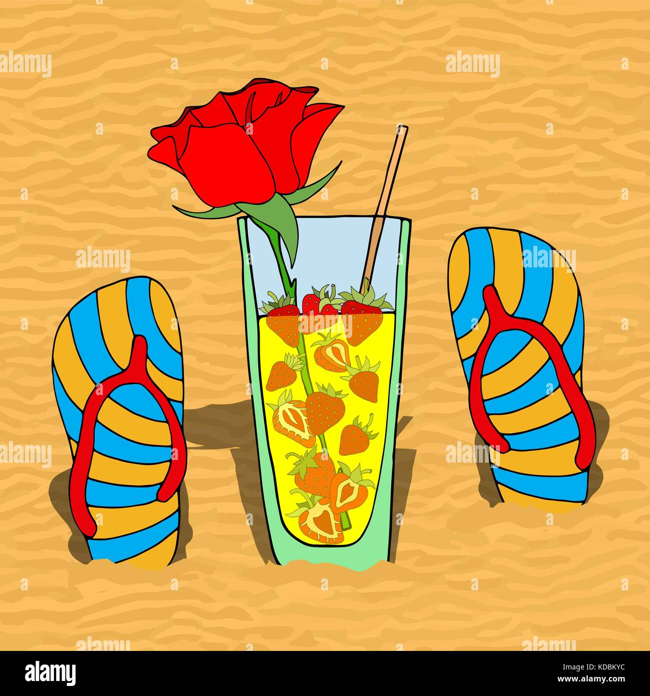 Set of summer flip flops and cocktail on hot sand. Vector illustration