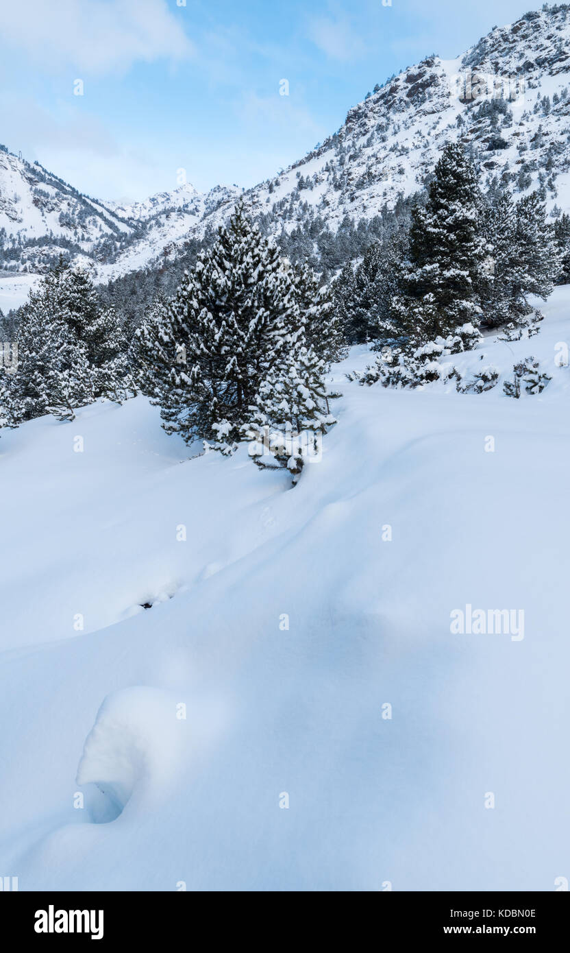 Snow covers a mountainside in Ordino, Andorra Stock Photo