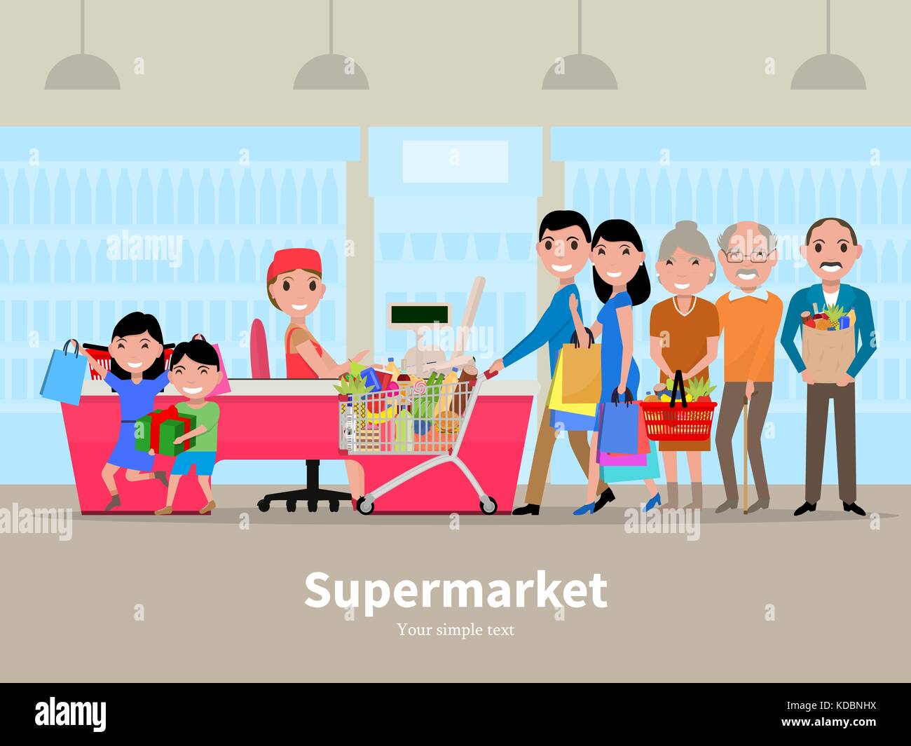 Vector cartoon people doing shopping supermarket Stock Vector