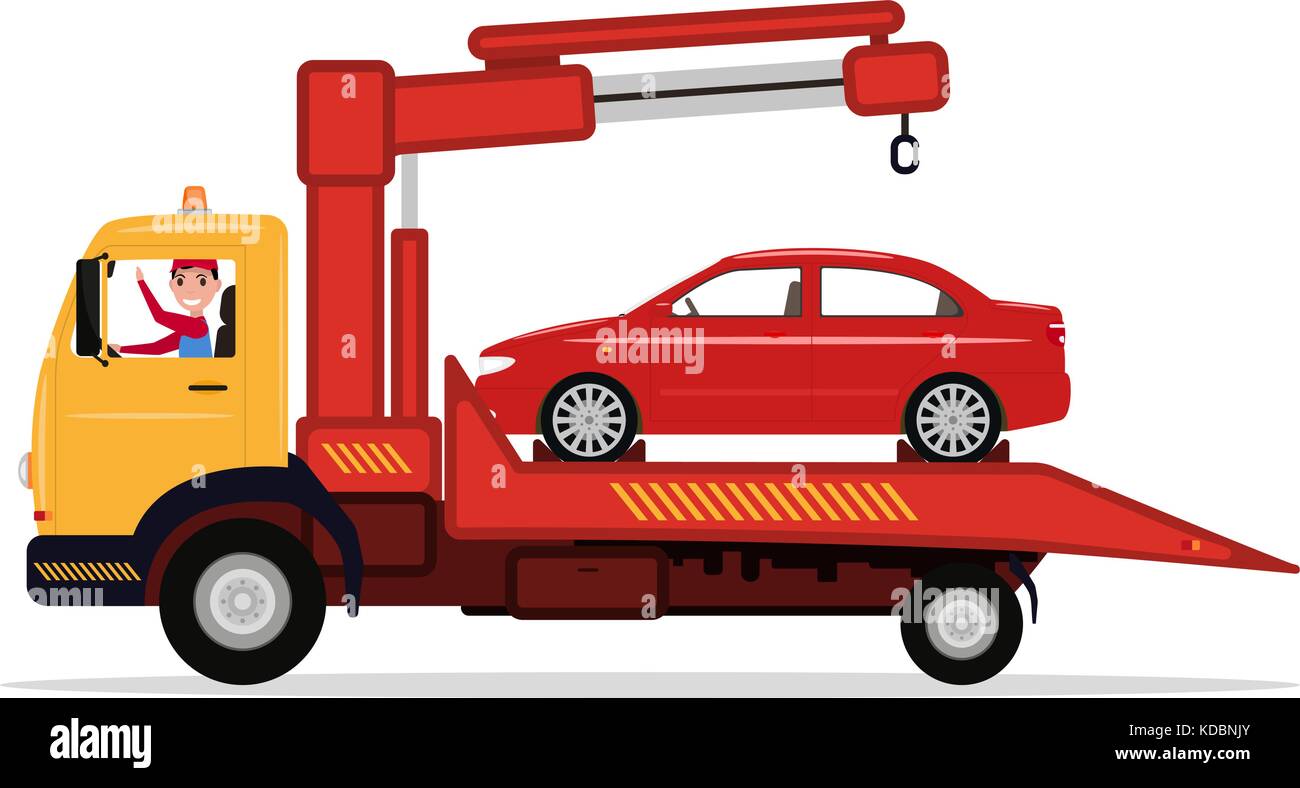 Vector man in tow truck driven emergency vehicle Stock Vector Image