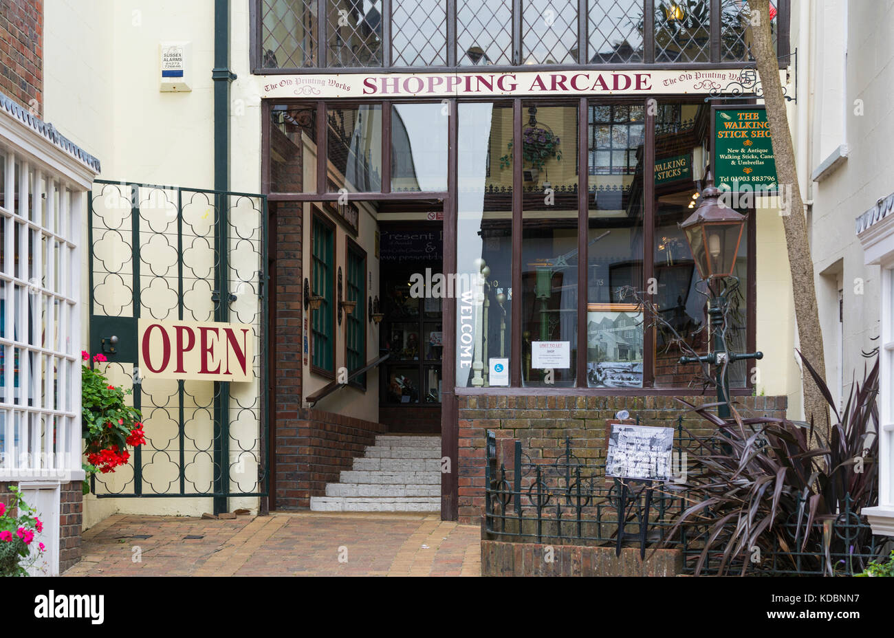 The Old Printing Works Shopping Arcade entrance in Arundel, West Sussex, England, UK. Stock Photo