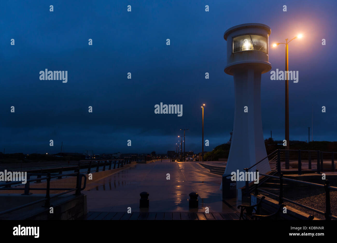 Insure lighthouse at night in Littlehampton, West Sussex, England, UK. Stock Photo