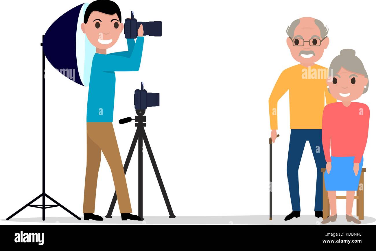 Vector male photographer takes photo grandparents Stock Vector