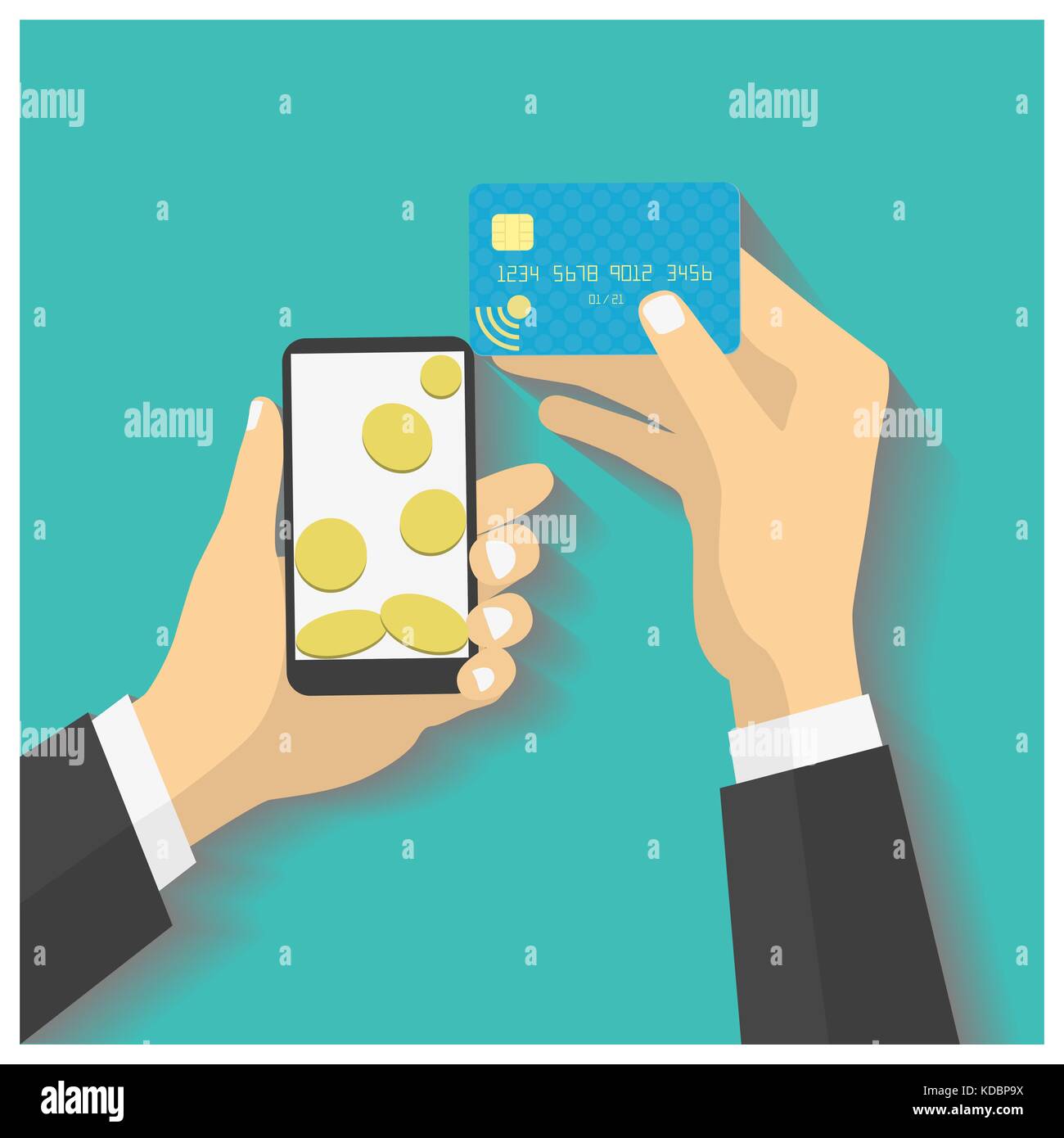 Mobile Card Processing Vector Flat design style vector illustration. Smartphone with processing of ...