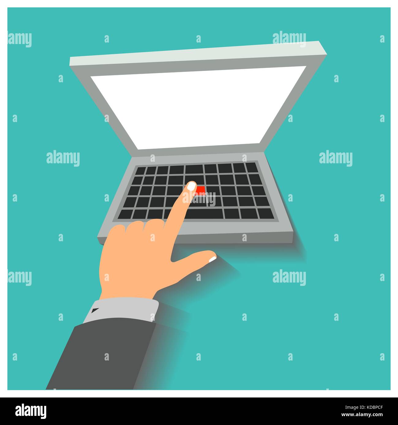 Flat design style vector illustration. The hand presses the red button ...